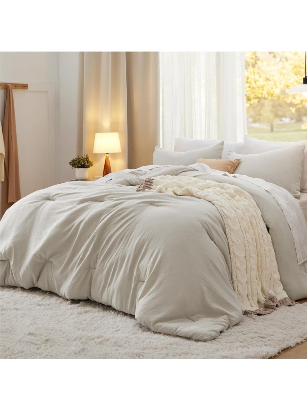 Cozy Beige Queen Comforter Set - Soft Prewashed Bedding, 3-Piece All-Season Bed